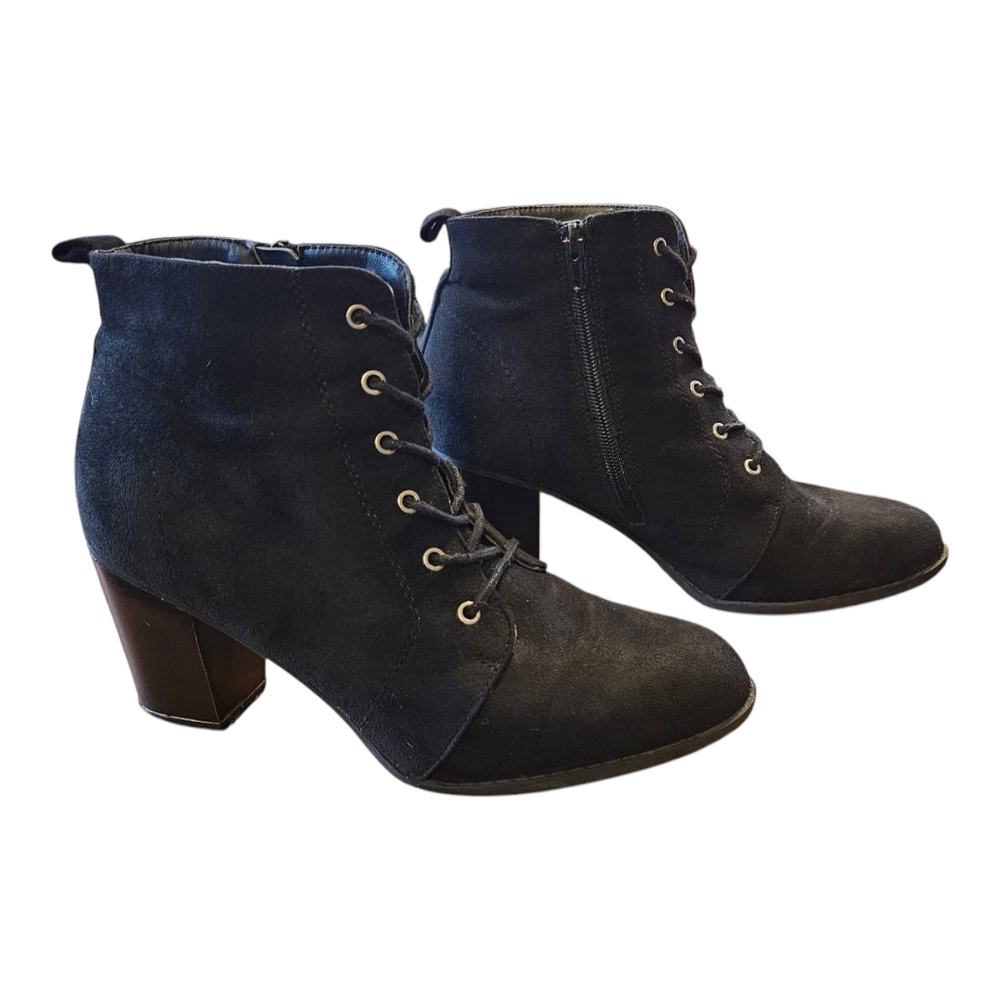 Black Boots Lace Up With Block Heel Women's Size 10M Faux Suede